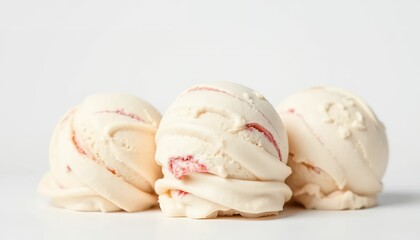 Three Creamy Strawberry Ripple Ice Cream Scoops Isolated on White Screen Background Perfect for Summer Treats and Frozen Dessert Themed Promotions and Food Blogging Material