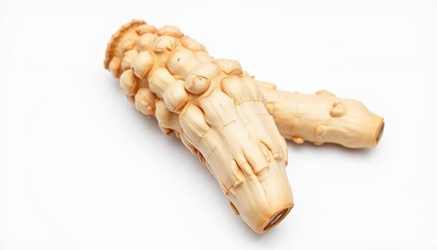Two Textured Beige Codonopsis Roots Diagonally Displayed Isolated on White Screen Background For Herbal Remedies and Traditional Medicine