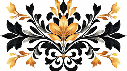 Ornate floral design in black, gold, and gray tones.