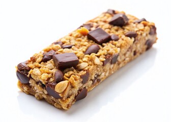 Delicious Chocolate Muesli Cereal Bar Isolated on White Background - Healthy Snack Food Photography