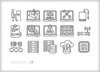 Set of 15 information technology icons depicting common tasks of an IT department, including updating software, protecting against phishing and malware, server backups, and network setup