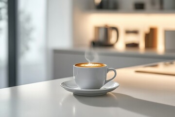 A steaming cup of latte art coffee sits on a white table in a modern kitchen.