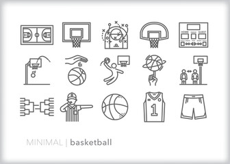 Set of 15 basketball line icons of sports equipment, symbolism, attire, and themes celebrating on the court or as a pickup game