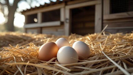 Four eggs rest on a bed of straw with a wooden henhouse in the background, creating a warm, rustic setting illuminated by golden sunlight.