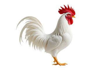 Fototapeta premium Majestic White Rooster Isolated on White for Poultry and Farm Animal Concepts: Proud Profile of a White Cock Imagery: Rooster, White, Isolated, Poultry, Farm, Animal, Cock, Bird, Crest, Wattles