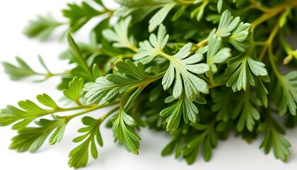 Vibrant Green Rue Herb Isolated on White Screen Background Featuring Detailed Leaves Perfect for Ads Promotion and Decoration Emphasizing Natural Wellness and Culinary Themes