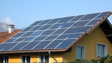 Fototapeta premium House Roof with Solar Panels Sustainable Energy