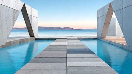 Obraz premium Serene Minimalist Poolside Pathway Concrete Architecture Ocean View