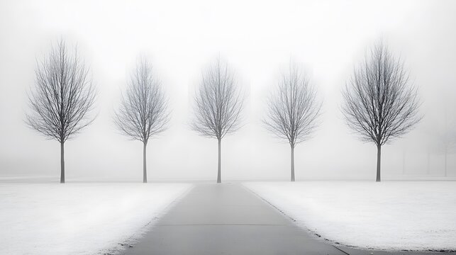 Minimalist black and white winter landscape featuring five bare trees perfectly aligned in thick fog beside a path through snow