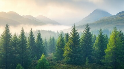 Fototapeta premium Sunrise Mist, Mountain Forest, Scotland, Travel Poster