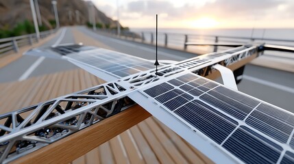 Fototapeta premium Solar Powered Drone with Antenna on Coastal Road at Sunset