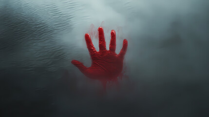 Serial killer, a mysterious red handprint on a fogged surface, captured in high fidelity, evokes intrigue and emotion in this compelling image. Emotion Fog. Illustration