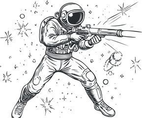 Black and white illustration of an astronaut in a space suit firing a futuristic gun in outer space surrounded by stars and asteroids. © vadymstock