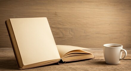 Fototapeta premium Open Book and Coffee Mug on Wood Table, Reading Concept