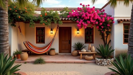 Adorable ham ham relaxing in a dreamy tropical cottage setting surrounded by bohemian decor elements perfect for cozy and joyful moments