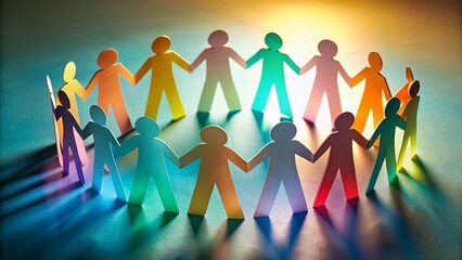Diverse Paper People Holding Hands: Unity & Colorful Minimalist Art