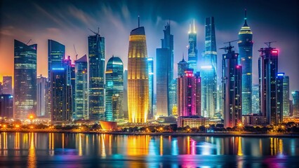 Fototapeta premium Doha Skyline Night Photography - Futuristic Cityscape, AI Generated Image