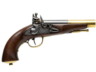 Studio photo of a short-barreled flintlock pistol with brass barrel, blackened wood grip, and steel lockplate, side profile, isolated on transparent background ,PNG.