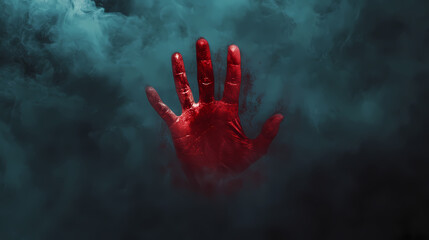 Serial killer, a mysterious red handprint on a fogged surface, captured in high fidelity, evokes intrigue and emotion in this compelling image. Emotion Fog. Illustration