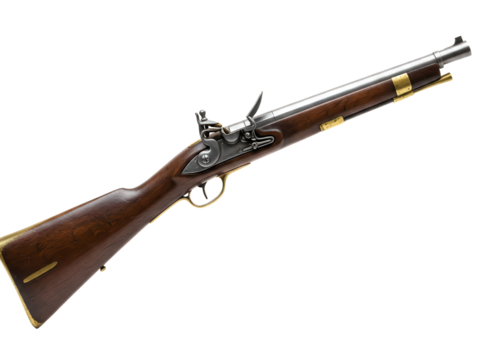 Photorealistic side view of an 18th century flintlock pistol with wooden grip and brass details, isolated on transparent background ,PNG.