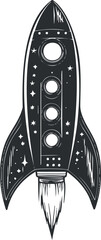 Black and white vintage illustration of a rocket ship launching with stars and blast flames