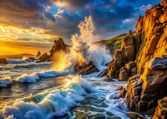 Fototapeta premium Dramatic Ocean Waves Crashing on Rocky Coastline - Coastal Nature Photography