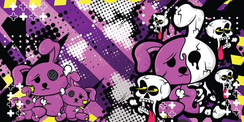 Abstract pink background design with bunny and skull doll objects, graffiti background