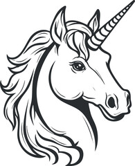 Black and white line art illustration of a unicorn head with flowing mane and spiraled horn in profile view