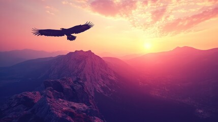 Majestic eagle soaring over a breathtaking mountain range at sunset