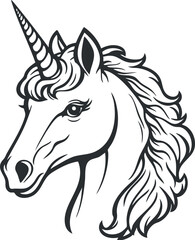 Black and white line art illustration of a unicorn head with flowing mane and spiraled horn, mythical fantasy creature.