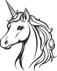 Black and white line art illustration of a unicorn head with flowing mane and spiraled horn