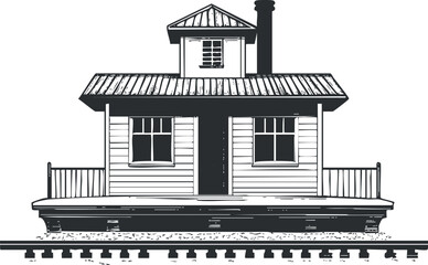 Black and white illustration of a vintage railroad station building with platform and railway tracks