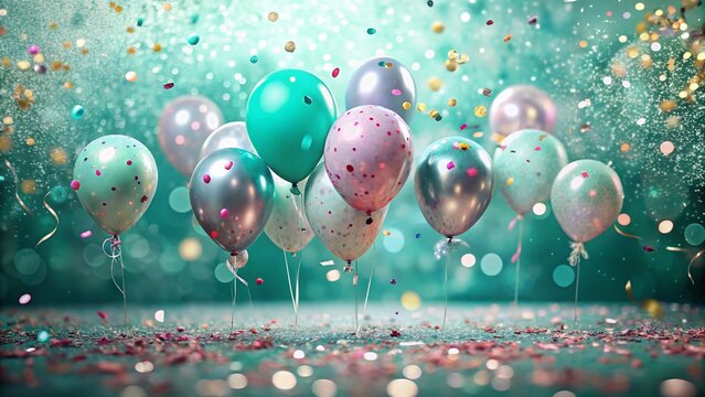 Elegant 28th Birthday Party: Teal Background, Polka Dot Balloons, Silver & Confetti