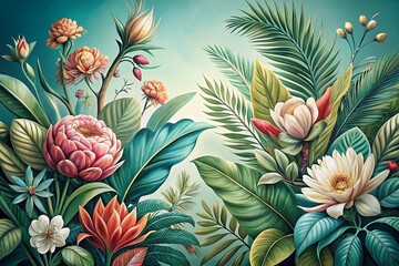Obraz premium Elegant Botanical Illustration: Exotic Flowers & Lush Foliage in Vintage Style