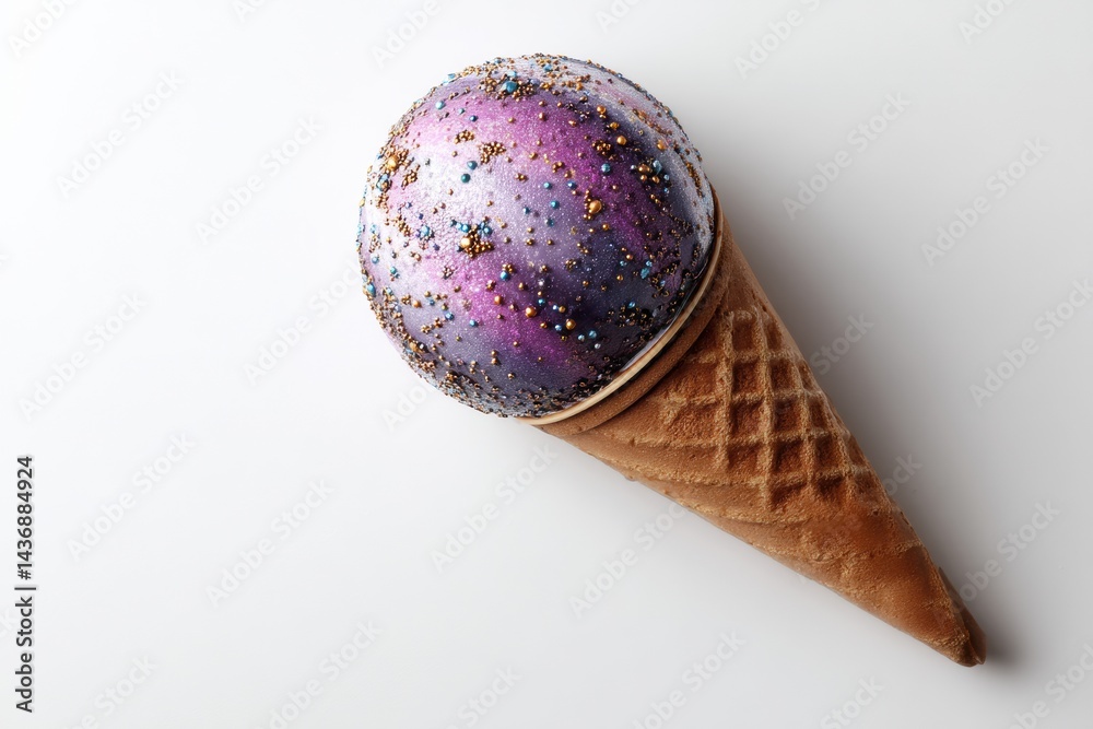 Poster gelato ball in waffle cone with sparkling toppings on a white surface