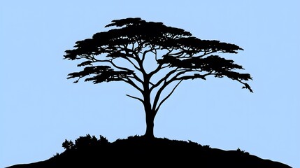 Majestic black silhouette of an african acacia tree standing alone on a hill against a pale blue sky minimalist landscape illustration
