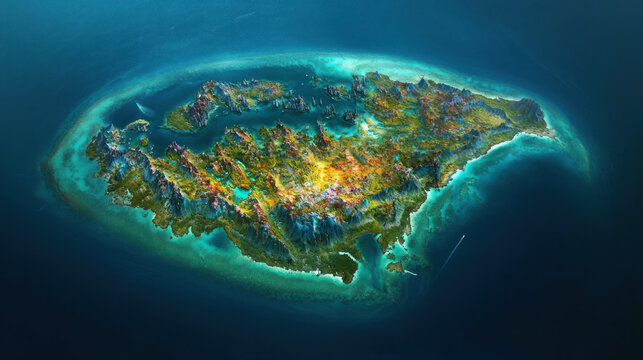Island Paradise: An idyllic island, awash in vibrant colors and textures, rises from the tranquil blue of the surrounding sea, showcasing a natural beauty that is both mesmerizing and serene.