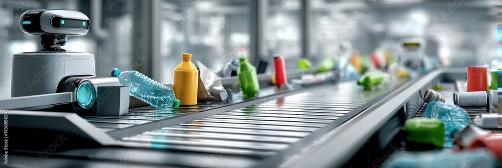 Aufkleber futuristic robot efficiently sorting recyclable materials on conveyor belt in modern recycling plant