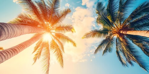 Low angle view of majestic palm trees reaching towards the sunny blue sky with clouds