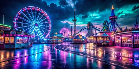 Obraz premium Empty Amusement Park Night - Blue & Magenta Lights, Copy Space