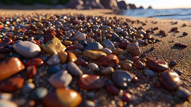 Vibrant wet colourful pebbles and smooth stones resting on the sunlit sandy beach shoreline close up