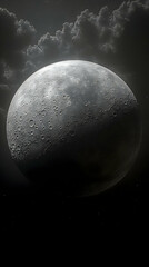 Cratered celestial body against a night sky backdrop of clouds and stars