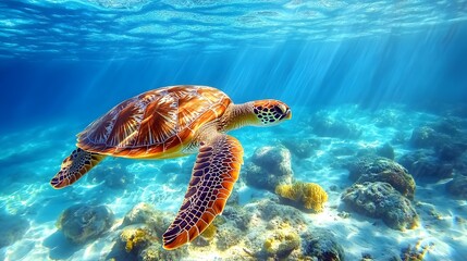 Obraz premium A sea turtle glides gracefully through crystal-clear waters, sunbeams dancing around its shell in an enchanting underwater scene.