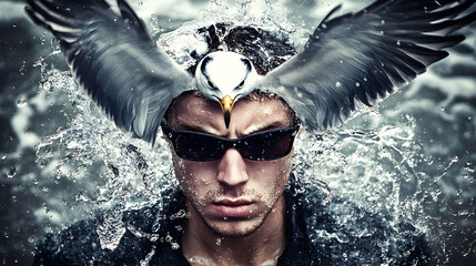 Fototapeta premium A powerful image of a man with a seabird perched atop his head, amidst splashing water.