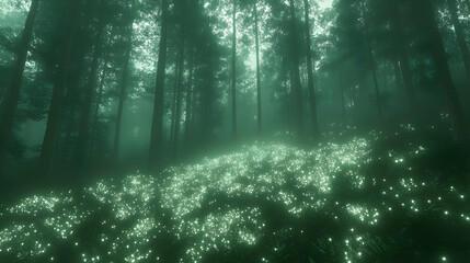 Fototapeta premium Glowing flora illuminate a misty forest floor under a canopy of tall trees