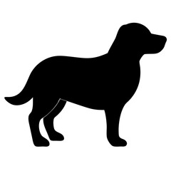 A black silhouette of a dog standing in profile