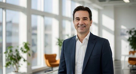 Fototapeta premium Smiling professional man wearing business attire standing confidently in a modern office, bright natural light, corporate environment, friend expression, stock photography style