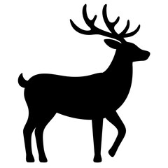  A black silhouette of a standing deer with large antlers, depicted in a simple and elegant style against a white background 
