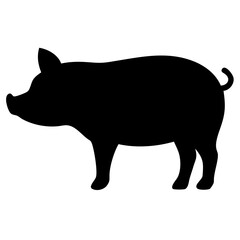 A clean, black silhouette of a pig standing in profile, with a focus on its distinctive shape and curly tail, isolated on a white background 