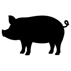 A clean, black silhouette of a pig standing in profile, with a focus on its distinctive shape and curly tail, isolated on a white background 